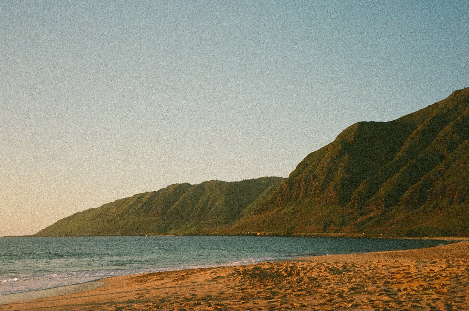 Hawaii beach at golden hour, shot on film